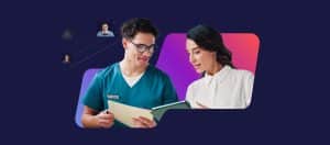 Healthcare professional discussing work with a colleague in a clinical setting