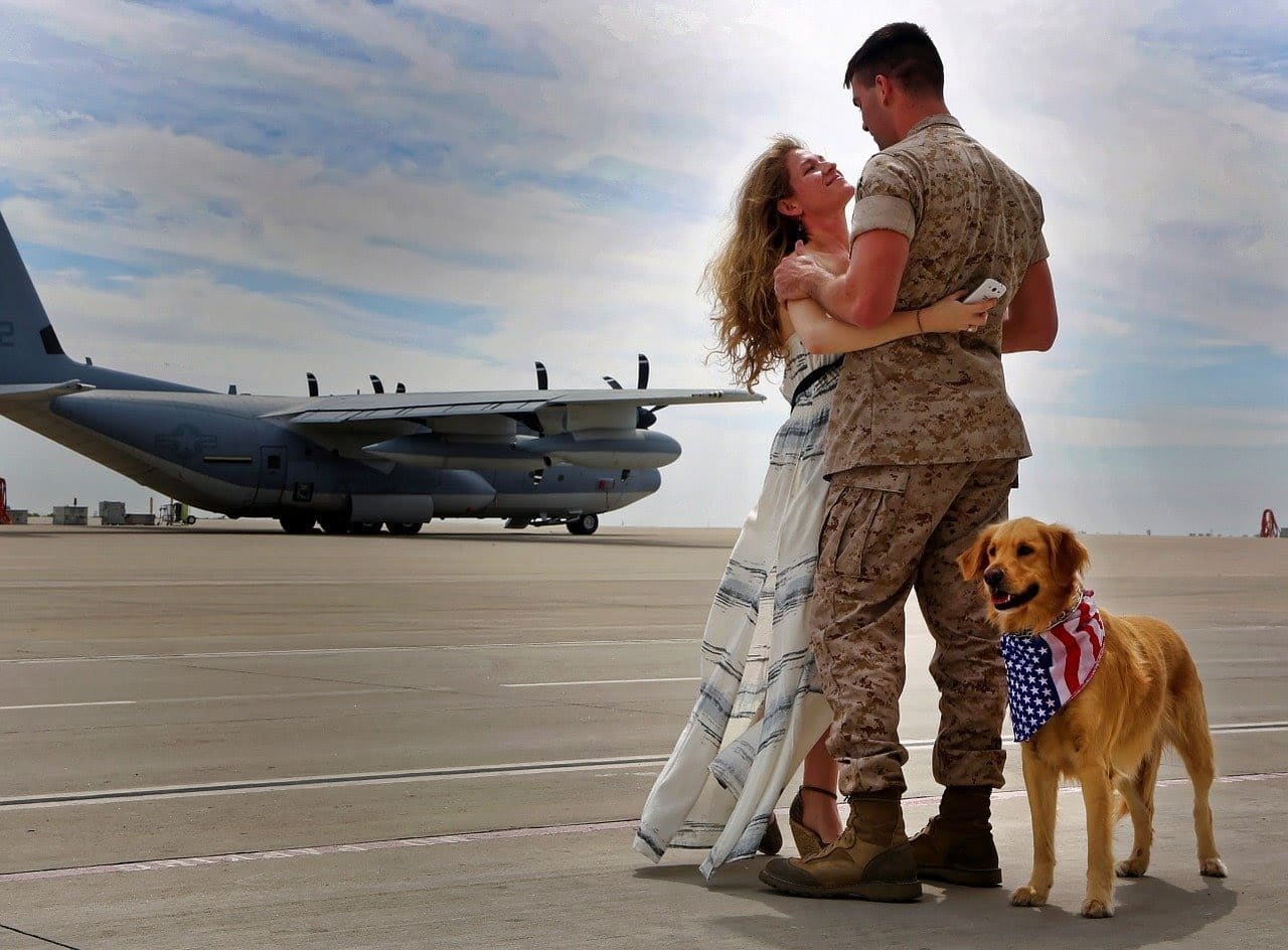 soldier greeting wife and dog on return from deployment; veterans resume concept