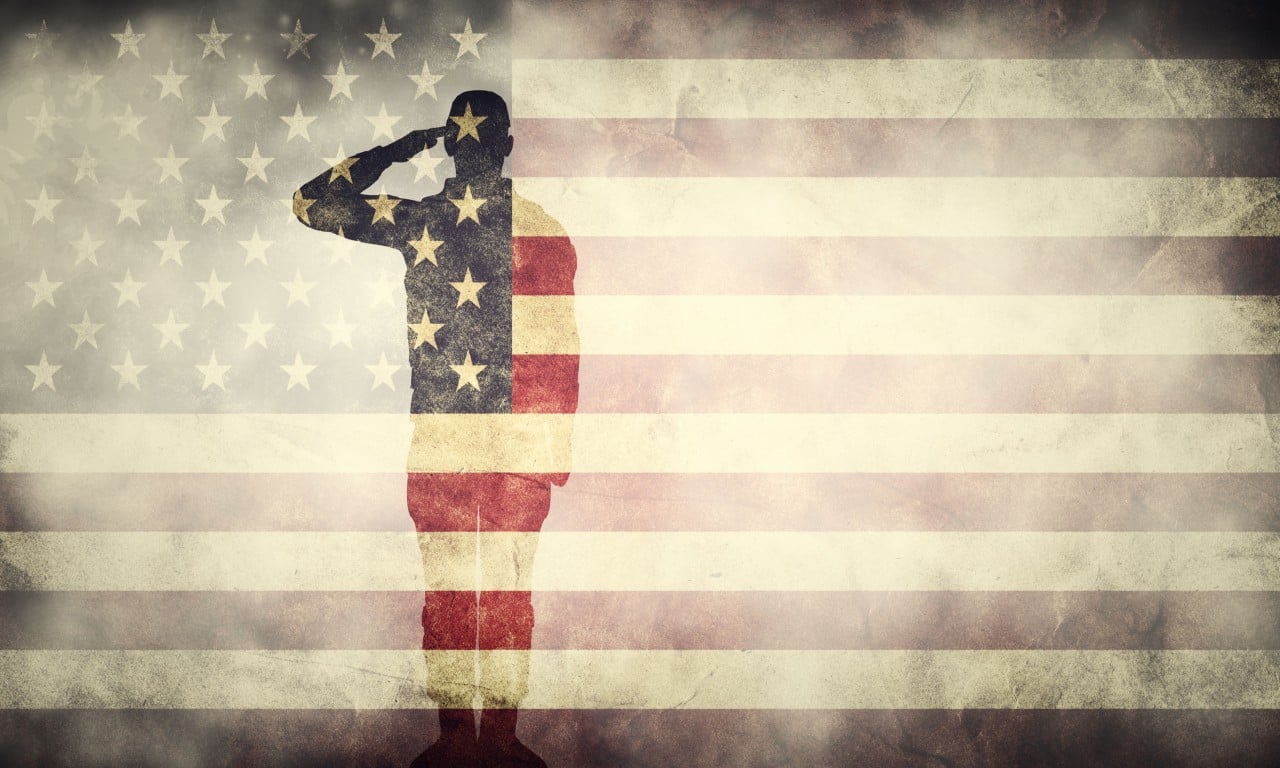 graphical image of saluting soldier superimposed on an american flag; recruit military veterans